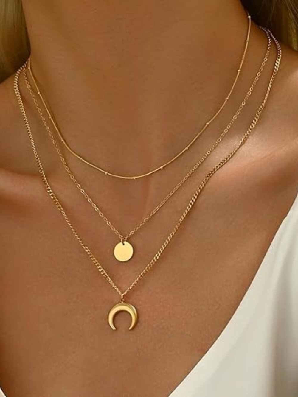 18K Gold Plated Layered Herringbone Necklace Set Moon Coin Pendant - Picture 2 of 6